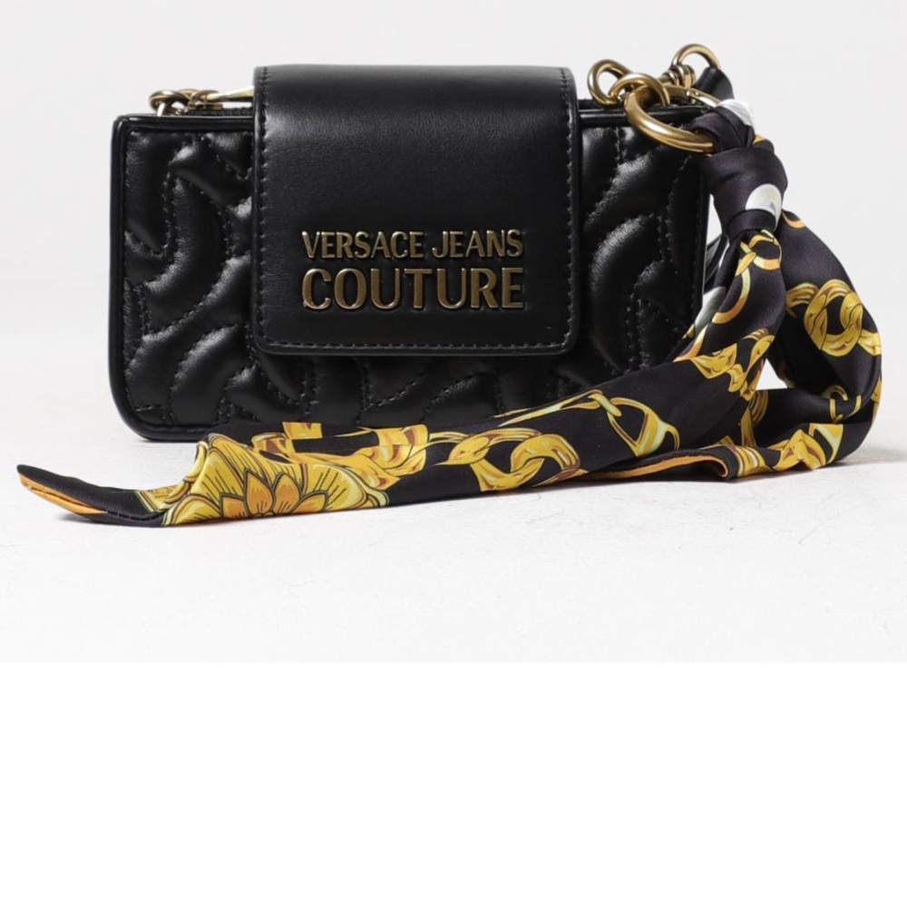 NWT Versace Jeans Collection Black Quilted Mini Crossbody with Logo Scarf